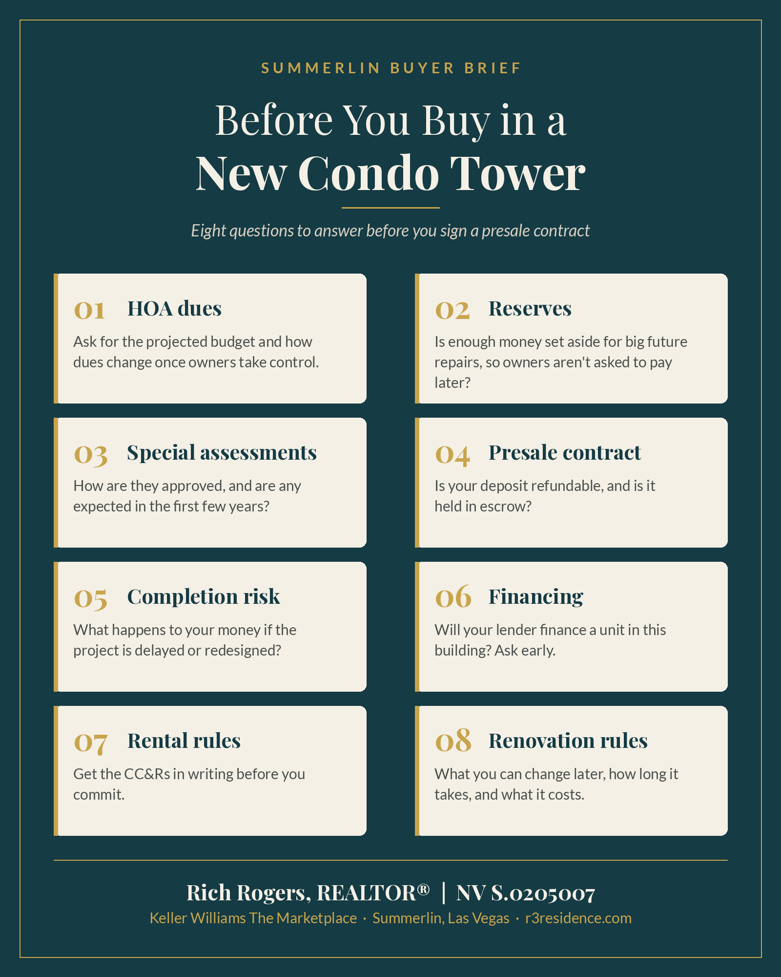 Checklist of eight questions to answer before buying in a new condo tower in Summerlin, Las Vegas, from Rich Rogers, REALTOR®, Keller Williams The Marketplace